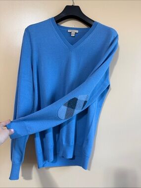 Burberry Bright Blue V-Neck Sweater with Argyle Elbow Patches
